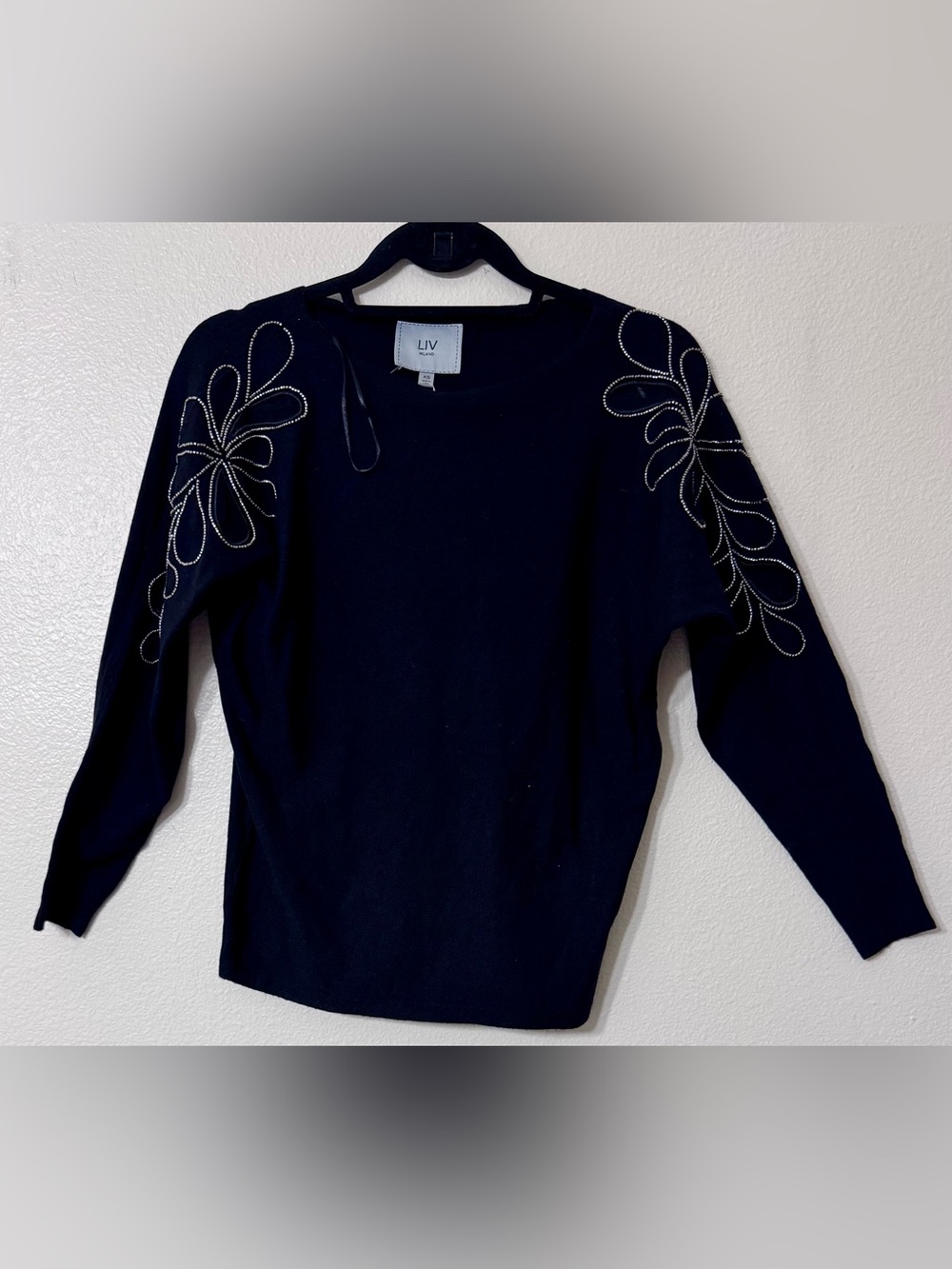 NWT LIV Milano Black Rhinestone Floral Sleeve Sweater XS